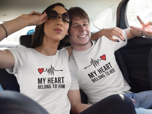 My heart belong to him and to her páros póló - fehér színben